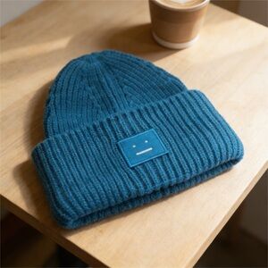 Acne Teal Ribbed Knit Beanie with Face Patch